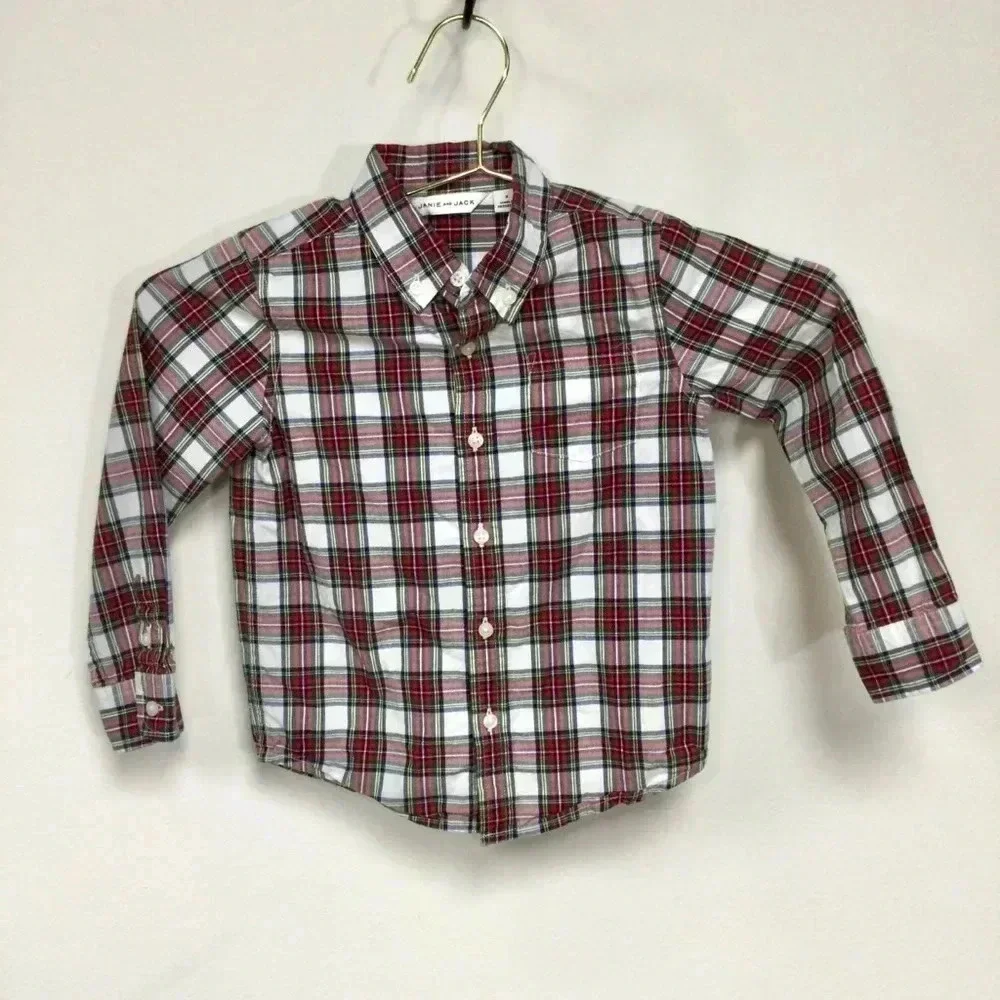 Boys Janie and Jack Shirt, Size 4, Red and White Plaid Long‎ sleeve
